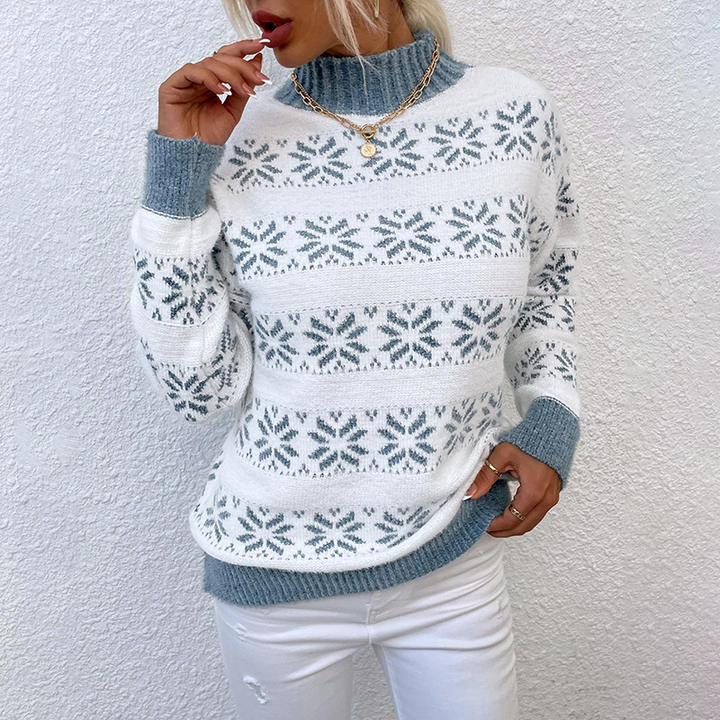 New Casual Women's Knitted Winter Half High Neck Christmas Snowflake Lady Pullover Sweater Supplier Wholesale