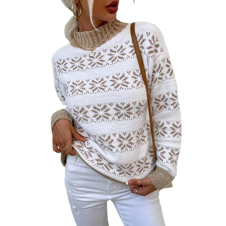 New Casual Women's Knitted Winter Half High Neck Christmas Snowflake Lady Pullover Sweater Supplier Wholesale