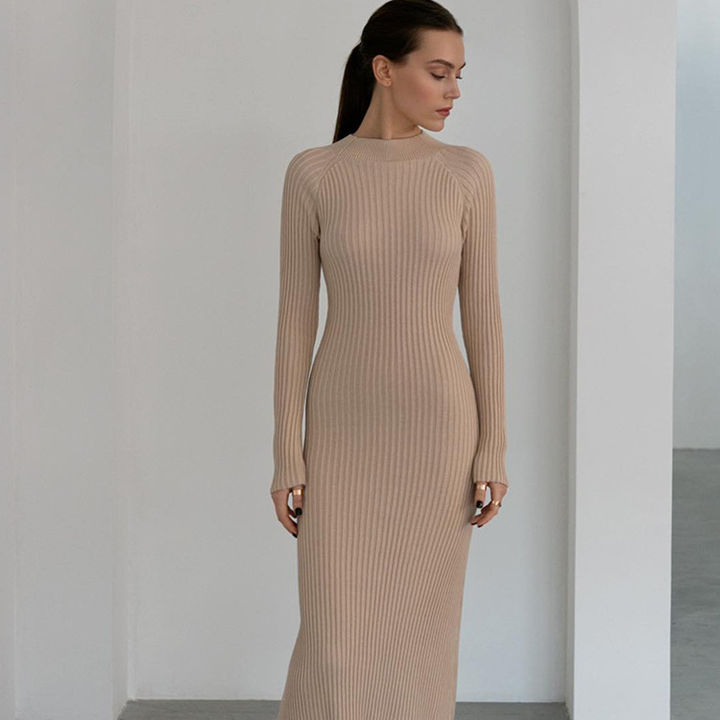 New Design Crewneck Long Sleeve Knit Solid Color Sexy Bottom Tight Sweater Dress Clothing Ropa Vestidos Rapid Production Solutions Manufacturer