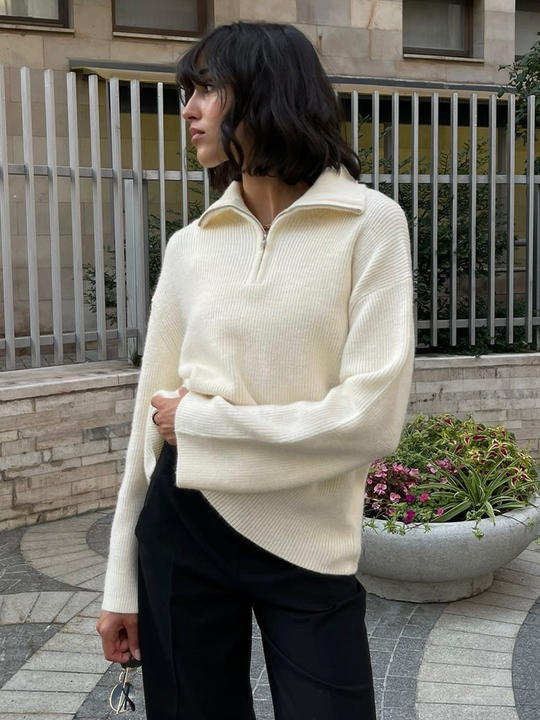 New Designer Loose Zip Polo Neck Women's Lapel Pullover Long Sleeve Sweater Lady Clothing Bulk Purchase Discounts
