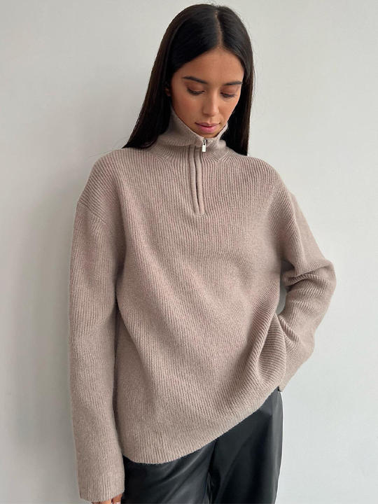 New Designer Loose Zip Polo Neck Women's Lapel Pullover Long Sleeve Sweater Lady Clothing Bulk Purchase Discounts