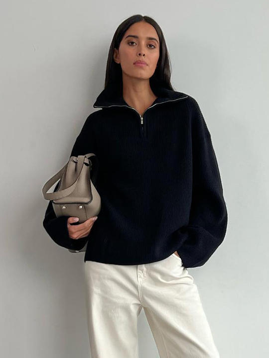 New Designer Loose Zip Polo Neck Women's Lapel Pullover Long Sleeve Sweater Lady Clothing Bulk Purchase Discounts