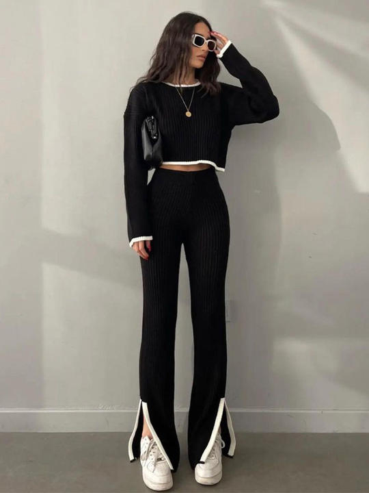 New Knitted Custom Crewneck Cropped Sweater Split Knit Sweater Suit Women 2 Pieces Pants Clothing Sets Industrial Bulk Supply