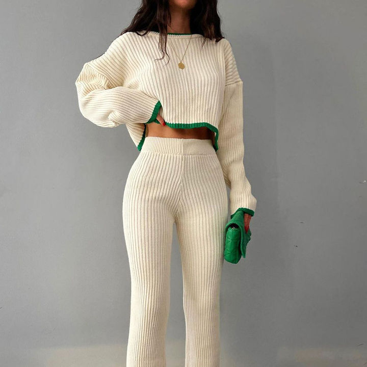 New Knitted Custom Crewneck Cropped Sweater Split Knit Sweater Suit Women 2 Pieces Pants Clothing Sets Industrial Bulk Supply