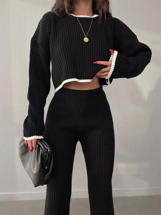 New Knitted Custom Crewneck Cropped Sweater Split Knit Sweater Suit Women 2 Pieces Pants Clothing Sets Industrial Bulk Supply