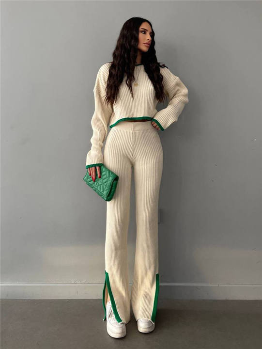 New Knitted Custom Crewneck Cropped Sweater Split Knit Sweater Suit Women 2 Pieces Pants Clothing Sets Industrial Bulk Supply