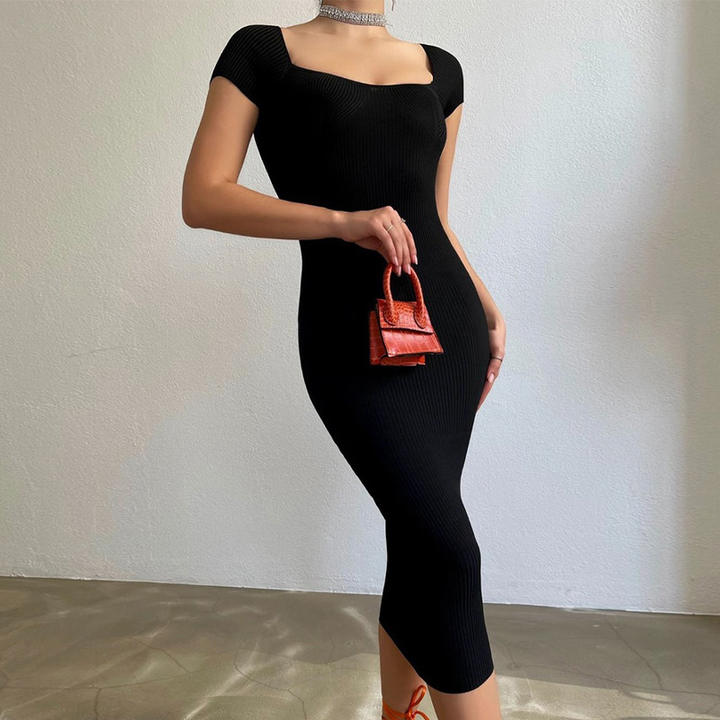 New Mid-Length Knitted Short Sleeves Tight Hip Skirt Women Sweater Dress Ropa Vestidos Lady Clothing Manufacturing Services Chain