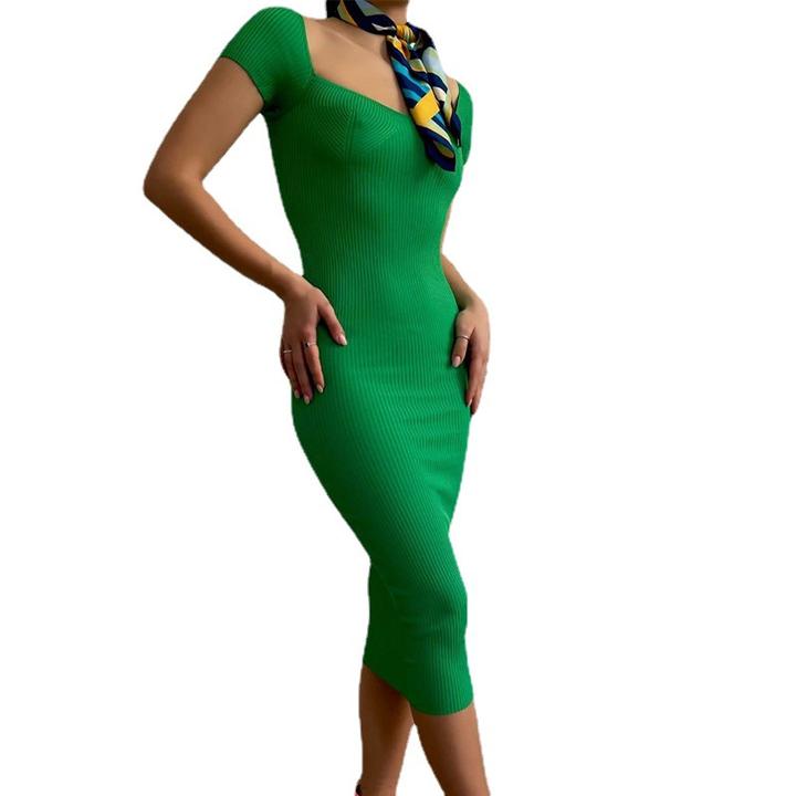 New Mid-Length Knitted Short Sleeves Tight Hip Skirt Women Sweater Dress Ropa Vestidos Lady Clothing Manufacturing Services Chain