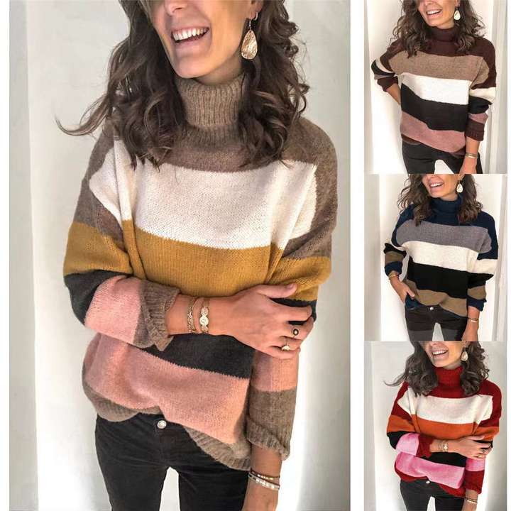 New Thick Winter High-Neck Stitched Plus Size Lady Striped Sweater Woman Knitwear Pullover Clothing Global Wholesale Market