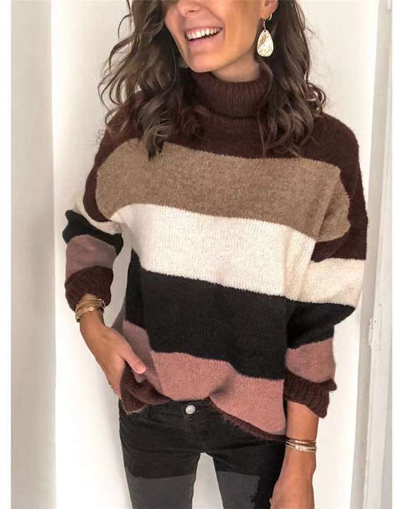 New Thick Winter High-Neck Stitched Plus Size Lady Striped Sweater Woman Knitwear Pullover Clothing Global Wholesale Market