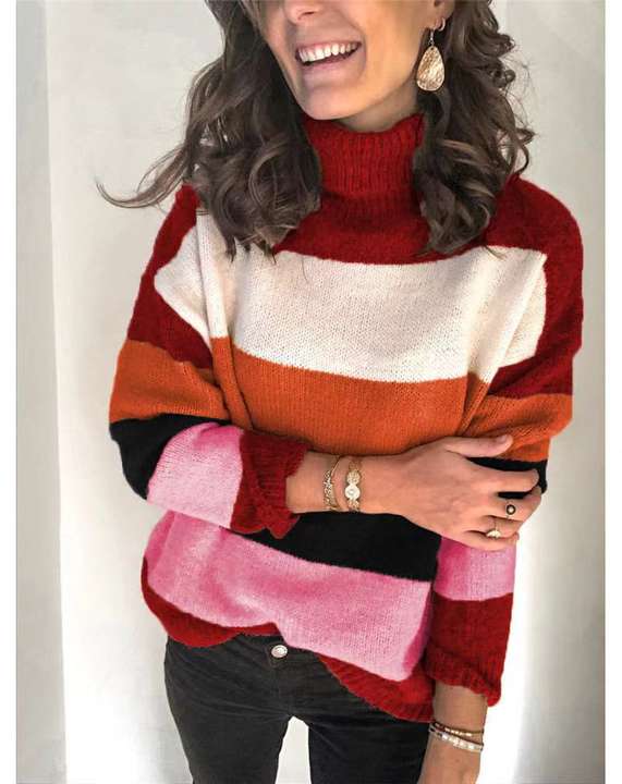 New Thick Winter High-Neck Stitched Plus Size Lady Striped Sweater Woman Knitwear Pullover Clothing Global Wholesale Market