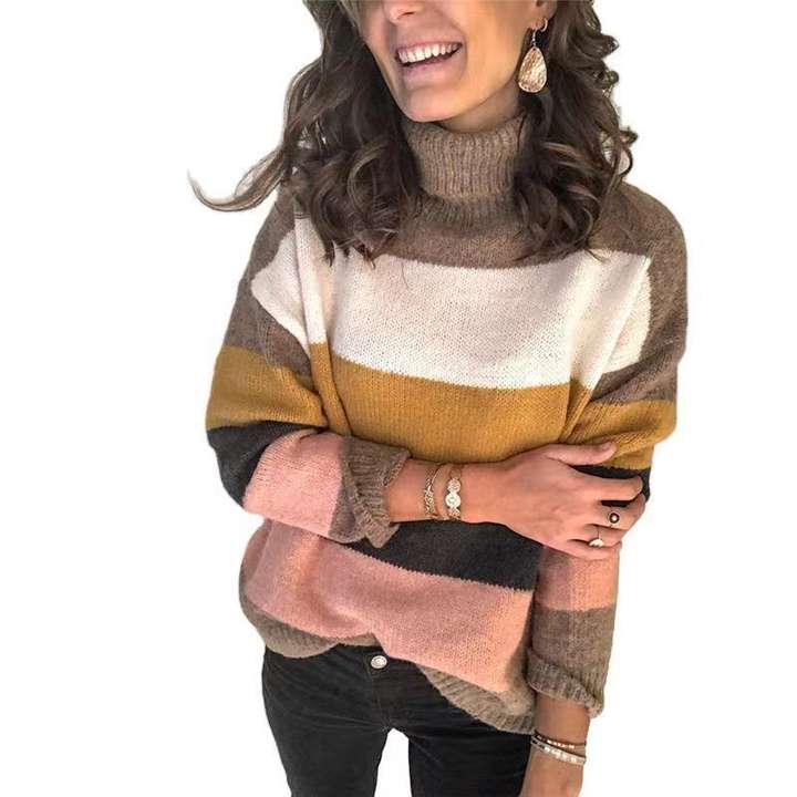 New Thick Winter High-Neck Stitched Plus Size Lady Striped Sweater Woman Knitwear Pullover Clothing Global Wholesale Market