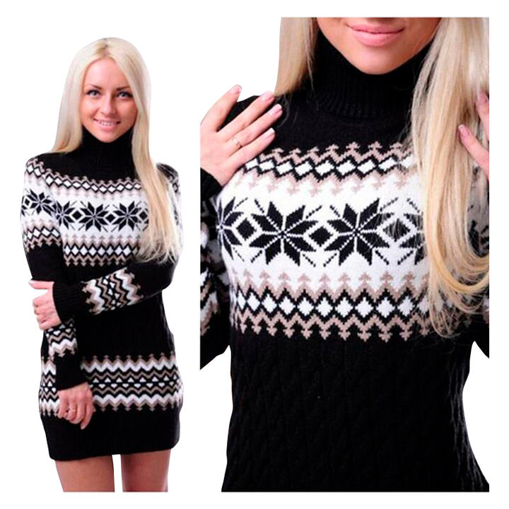 New Trending  Designer Jacquard Christmas Winter Long Women Sweater Turtleneck Lady Knitted Clothing