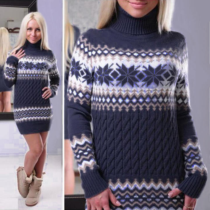 New Trending  Designer Jacquard Christmas Winter Long Women Sweater Turtleneck Lady Knitted Clothing