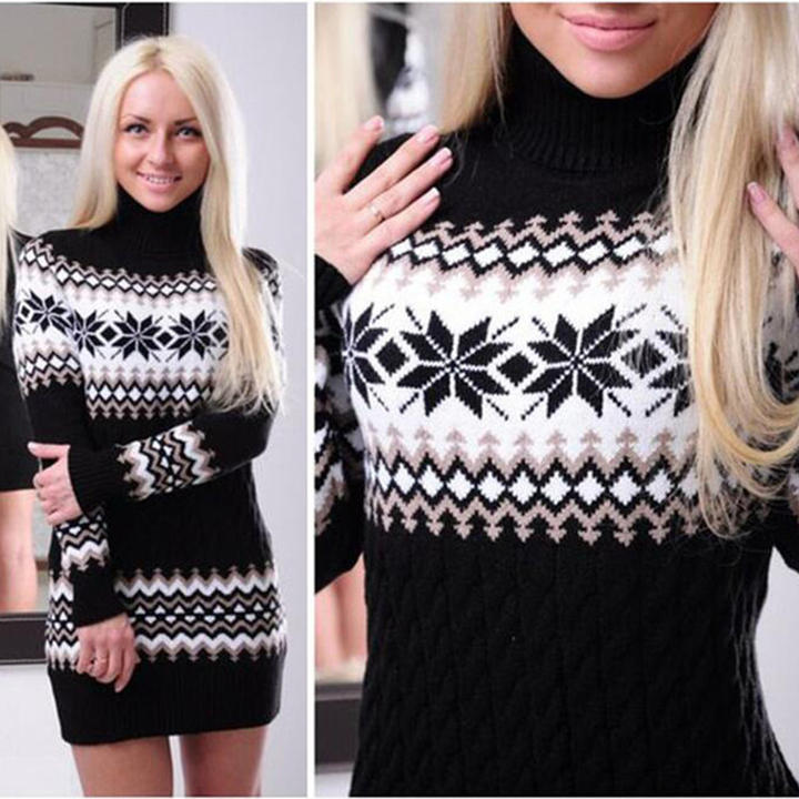 New Trending  Designer Jacquard Christmas Winter Long Women Sweater Turtleneck Lady Knitted Clothing