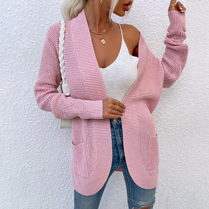 New Trendy Spring Autumn  Knitted Hem Curved Pocket Sweater Women's Cardigan Clothing Top Manufacturing Firm Solutions