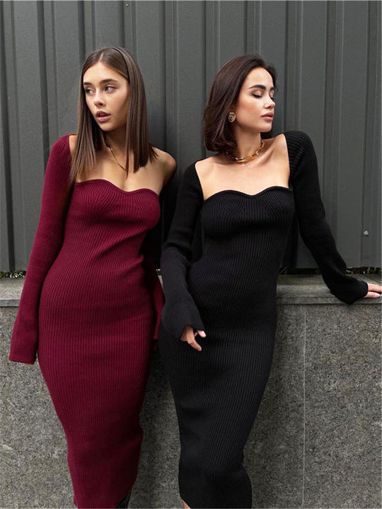 Sexy Long Sleeve Bandeau Knit Feminine Sweater Woolen Tight Dress Women Clothing Ropa Vestidos