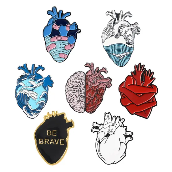 Manufacturer Custom Shaped Anatomical Heart Lapel Pin Badge Metal Logo Doctor and Nurse Medical Anatomy Pins Enamel with Chain