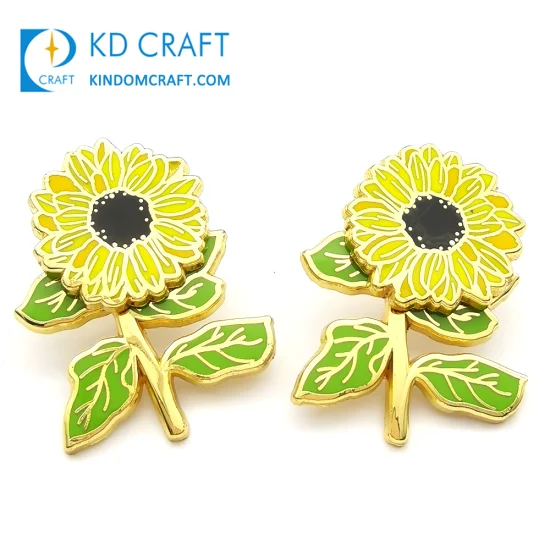 Unique Design Personalized Custom Metal Zinc Alloy Hard Enamel Spin Spinning Sunflower Floral Gold Flower Lapel Pin Badge for Decoration