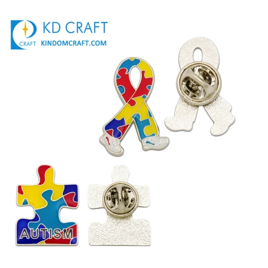 Wholesale Metal Colorful Hard Enamel Epoxy Puzzle Ribbon Shape Custom Awareness Autism Pin Badge