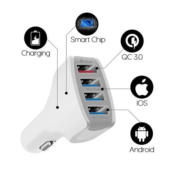 3.0 Quick Charge 4 Ports Fast Charging Car Phone Charger for Samsung Xiaomi iPhone Car Mobile Phone Charger