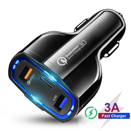 35W QC 3.0 Rapid Fast Speed Charging 3 Dual USB Port Quick Charger Type C Car Charger for Samsung