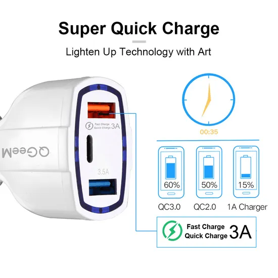 35W QC 3.0 Rapid Fast Speed Charging 3 Dual USB Port Quick Charger Type C Car Charger for Samsung