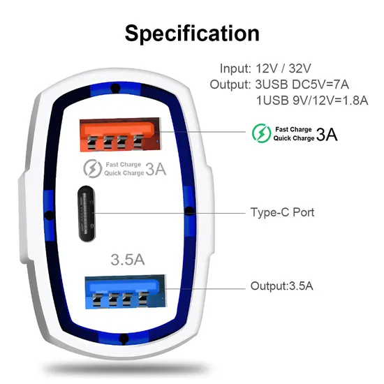 35W QC 3.0 Rapid Fast Speed Charging 3 Dual USB Port Quick Charger Type C Car Charger for Samsung