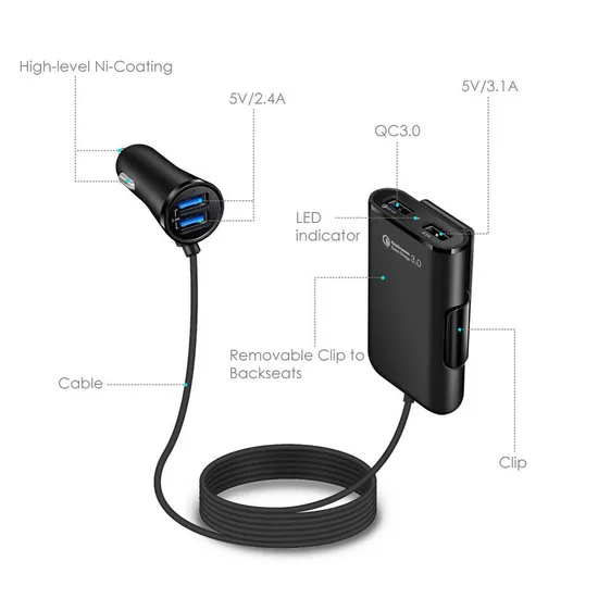 Multi USB Port QC 3.0 Backseat Clip Car Charger Extension Cord Long Cable for iPhone Rear Back Seat Vehicle Quick Charge Adapter