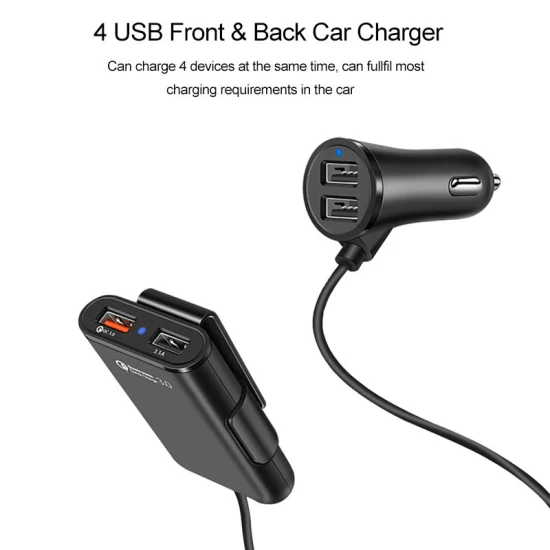 Multi USB Port QC 3.0 Backseat Clip Car Charger Extension Cord Long Cable for iPhone Rear Back Seat Vehicle Quick Charge Adapter