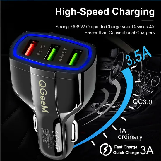 Real Factory QC 3.0 3 Port USB Fast Charging Car Charger for Mobile Phone