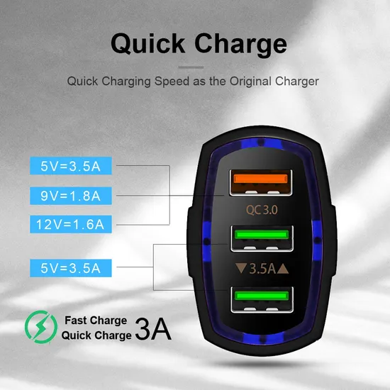 Real Factory QC 3.0 3 Port USB Fast Charging Car Charger for Mobile Phone