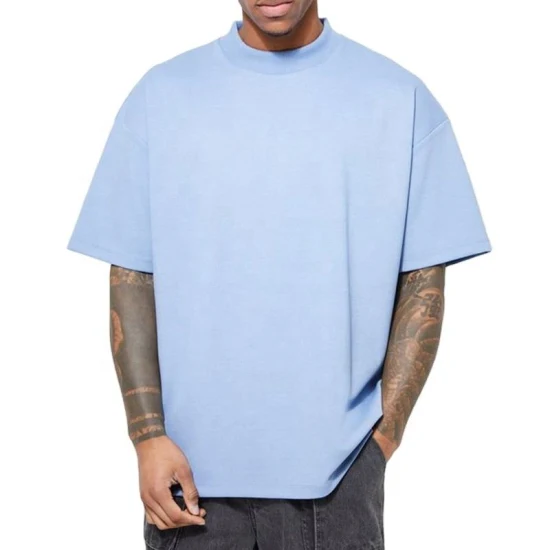 300 GSM Tshirt Men′s 100% Cotton Mock Rib Neck Oversize Drop Shoulder T-Shirt Blank Streetwear Heavyweight Plain T Shirt for Men