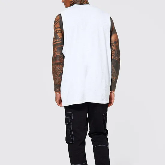 Custom Logo design Men′s 100% Cotton Extended Neck Blank Vest Oversized Loose Tank Top Heavyweight Sleeveless T Shirts for Men