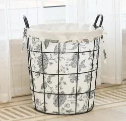 OEM Washing Drying Storage and Finishing Metal Wire Laundry Basket with Linen Cloth