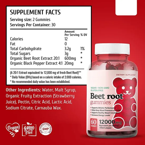 Heart Health and Energy Boot Supplements Organic Vegan Beet Root Gummies with Black Pepper