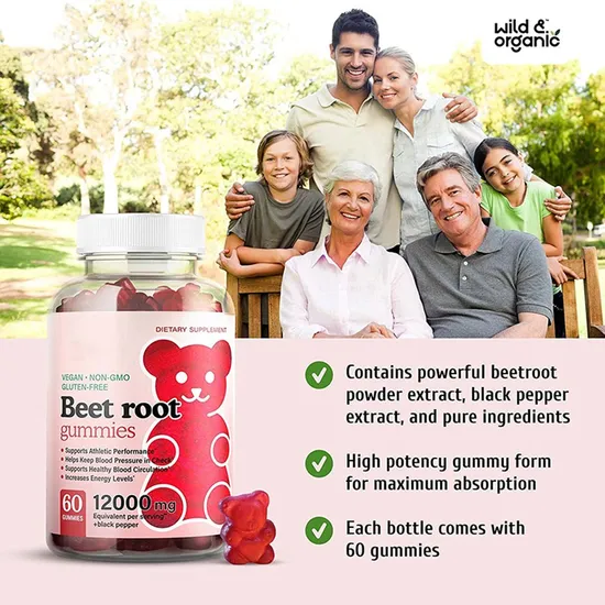 Heart Health and Energy Boot Supplements Organic Vegan Beet Root Gummies with Black Pepper