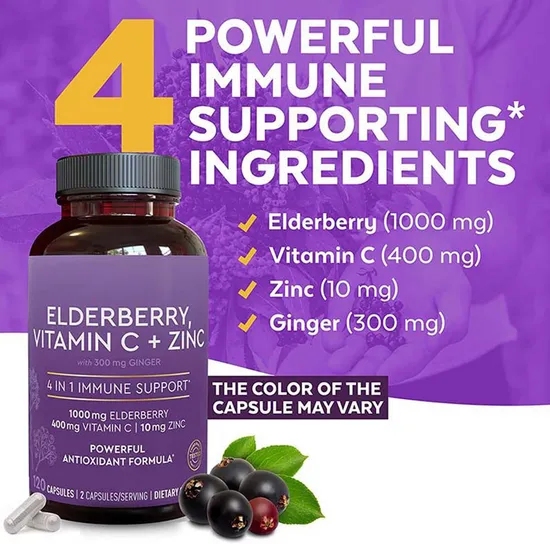 Immune Support Pills with Vitamin C and Zinc Organic Black Elderberry Extract Capsules