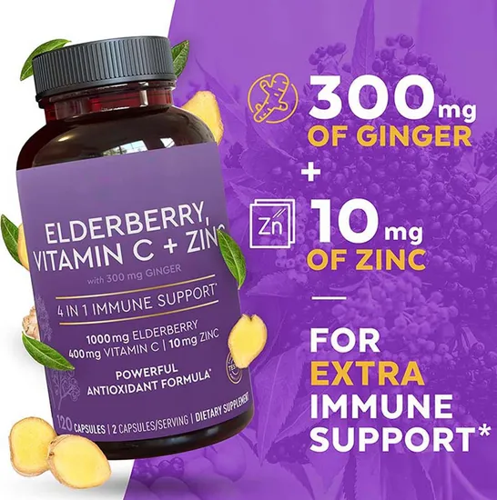 Immune Support Pills with Vitamin C and Zinc Organic Black Elderberry Extract Capsules