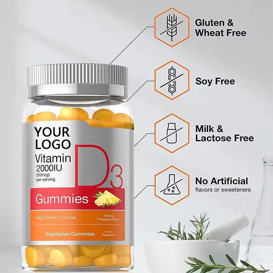 OEM/ODM Natural Vitamin-D3 Supplement Vegetarian Improve Immunity Gummies for Strengthens Joints and Skin