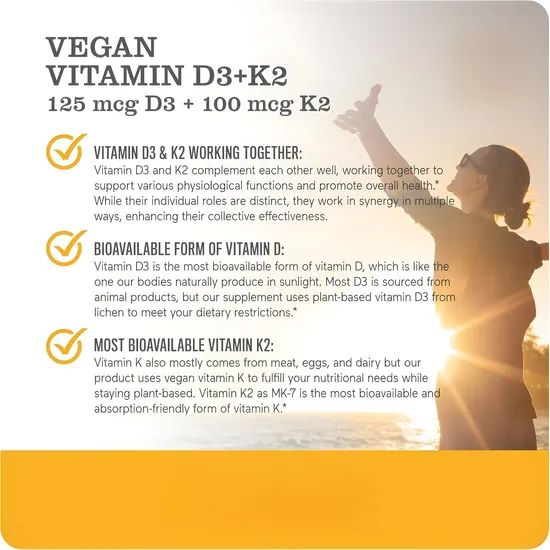 OEM/ODM Private Label Vegan Vitamin D3 + K2 Supplement with Plant-Based Vitamin D 5 Vitamin K2 Mk-7 Capsules