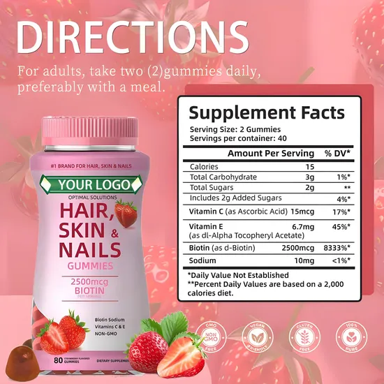 OEM/ODM Vegan Candy Hair Growth Supplement Skin and Nail Health Vitamin Biotin Collagen Gummies