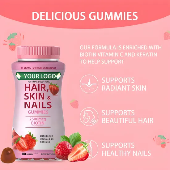 OEM/ODM Vegan Candy Hair Growth Supplement Skin and Nail Health Vitamin Biotin Collagen Gummies