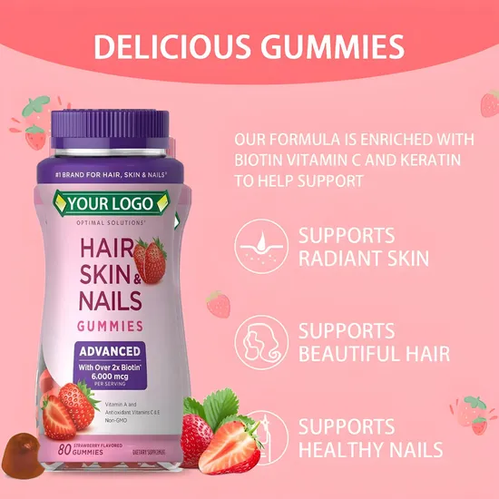 OEM/ODM Vegan Vitamin a; C Strawberry Flavored Candy Hair, Skin & Nails Biotin Gummy Supplement