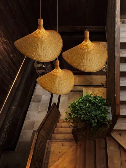 Bamboo Chandelier New Chinese Tea Personality Straw Hat Lamp Stair Bamboo Lamp