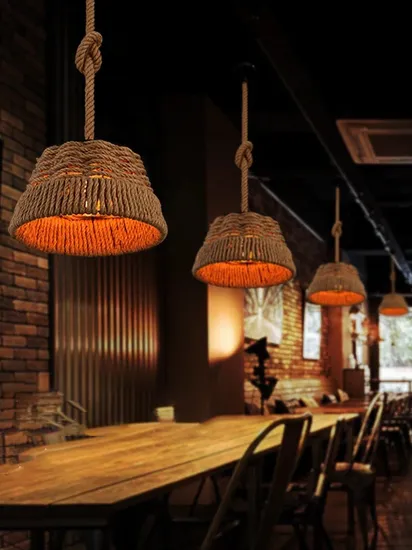 Retro Industrial Hemp Rope Hanging Chandelier Lighting Vintage Iron LED Lamp Pendant Light for Restaurant