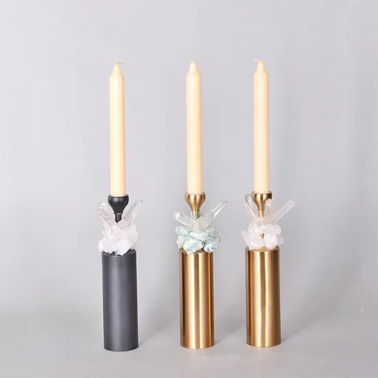 Modern Luxury Home Accessories Decor Pieces Gold Metal with Natural Crystal Stone Accents Candle Holders