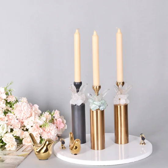 Modern Luxury Home Accessories Decor Pieces Gold Metal with Natural Crystal Stone Accents Candle Holders