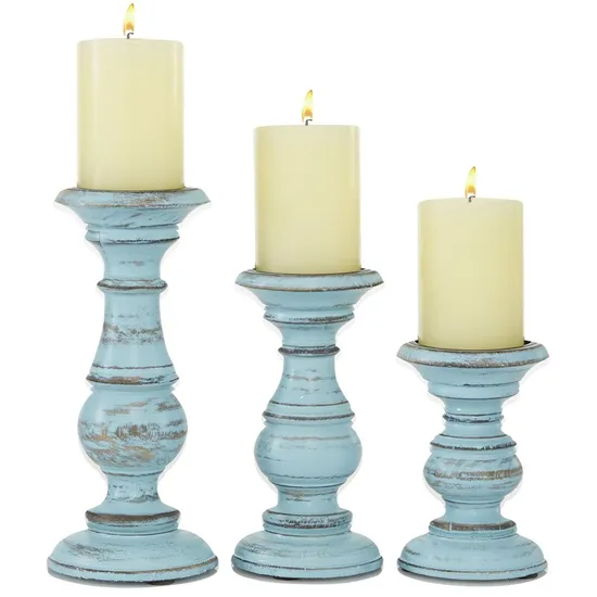 Rustic Distressed Vintage Style White Wash Stockbridge Wooden Candle Holders