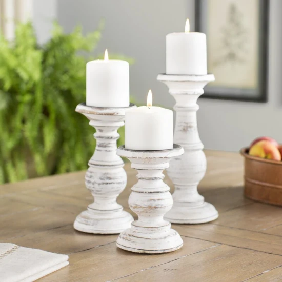 Rustic Distressed Vintage Style White Wash Stockbridge Wooden Candle Holders